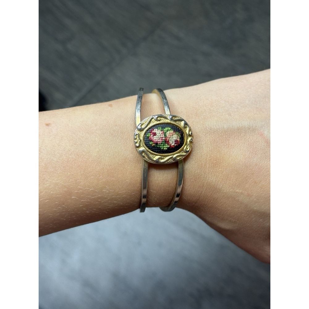 Vintage Hinged Cuff Bracelet Pink Petit Point Embroiderd Floral Victorian